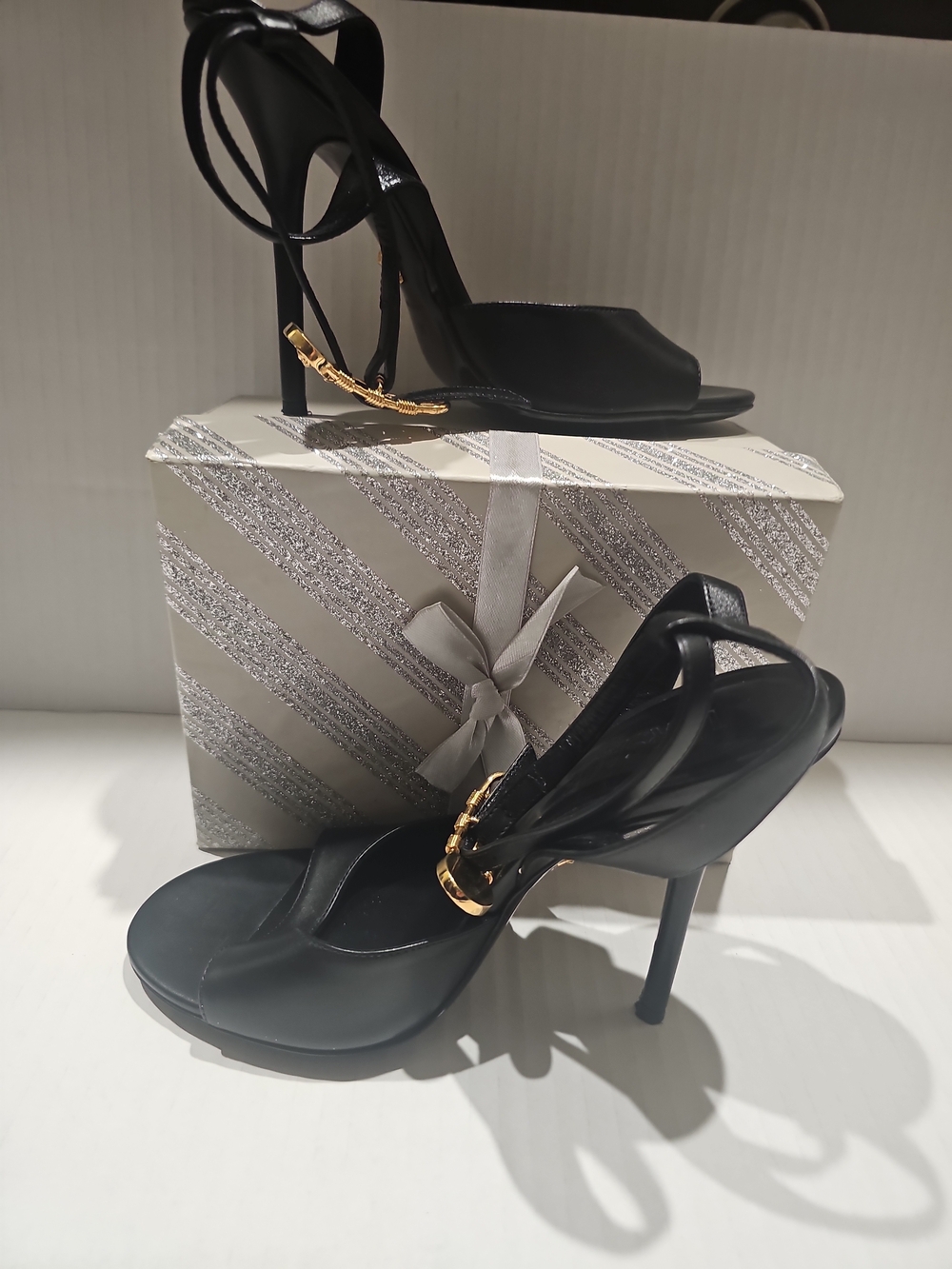 Authentic Versace Black Leather Safety Pin Medusa Stiletto Sandals Size38 (US 8)